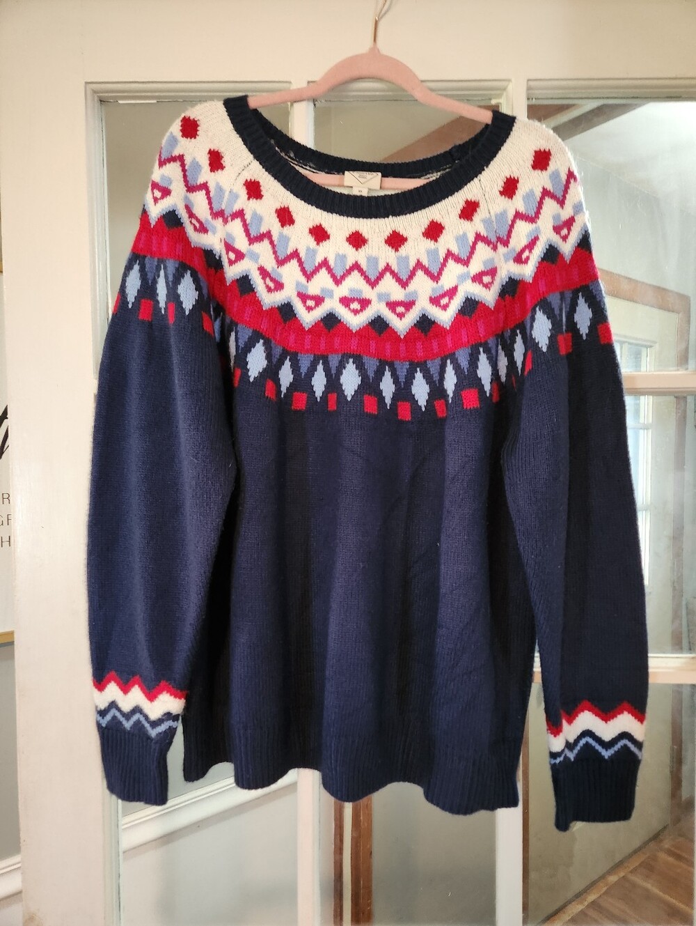 St Johns Bay Womens 2X Fair Isle Nordic Sweater Navy Red Winter Ski Lodge Pullov